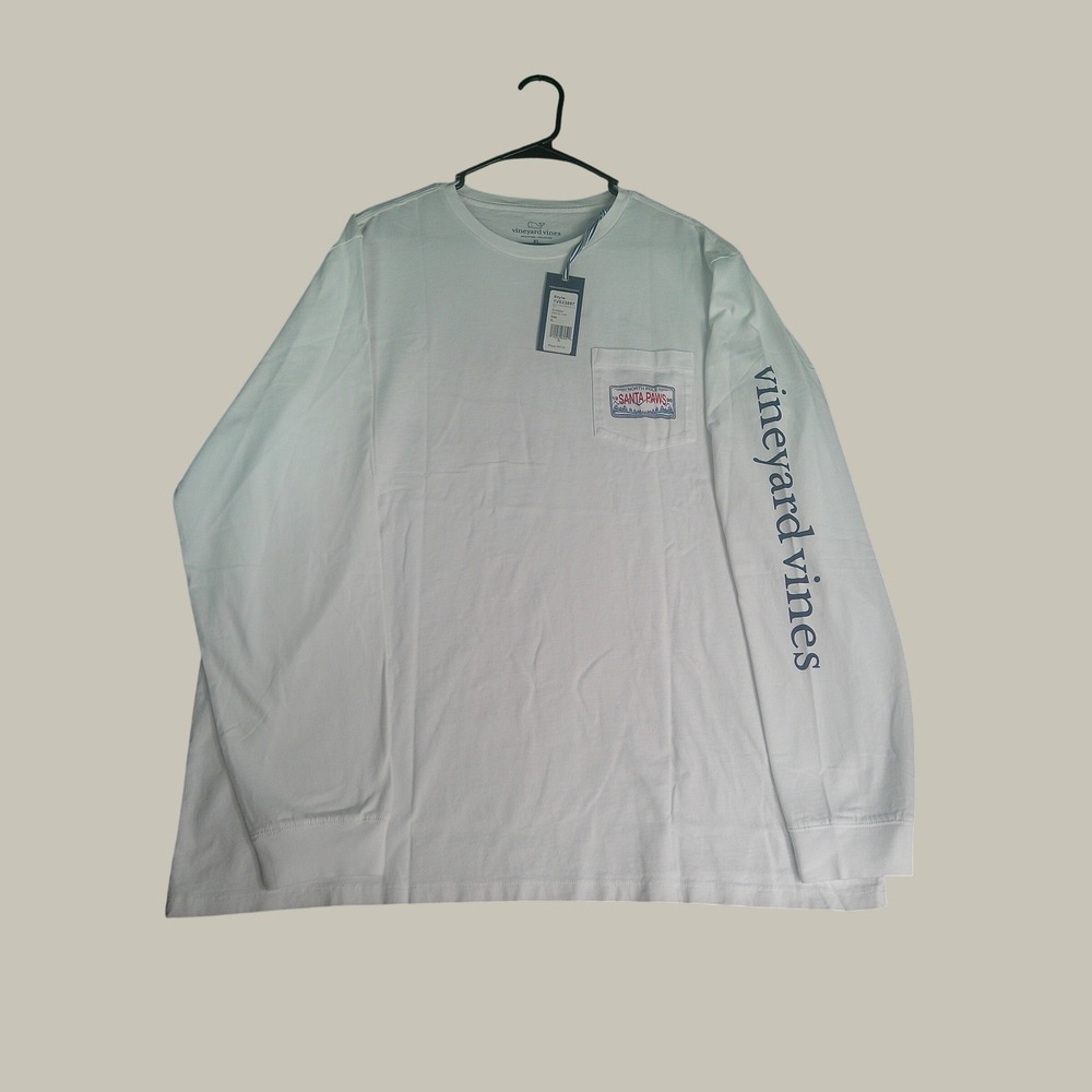 Vineyard Vines Men's XL White Santa Paws Dog Sleigh Long Sleeve Pocket Tee NWT